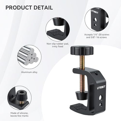 UTEBIT Universal C-Clamp for Desktop Mount Holder, with 1/4" & 3/8" Thread | 3.7"-5.7" Desk C-Clamp Aluminum Support Clamp for Desktop Mount Carts Benches Worktables, Black - size: 3.7-5.7 inch