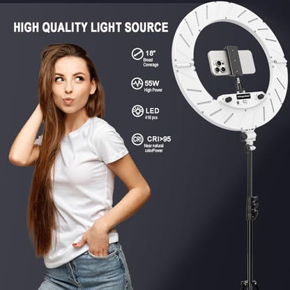 18 Inch Ring Light Kit, 55W Dimmable LED Light, Tripod Stand, Remote Controller,Box,CRI95(White) - color: White