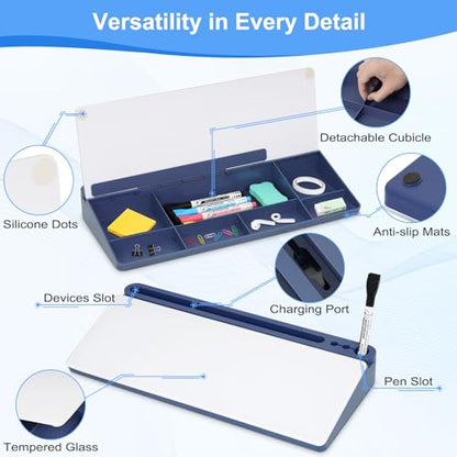 Glass Desktop Whiteboard with Storage, Desk White Board with Computer Keyboard Stand,White Dry Erase Board with Drawers for Home,School,Office - Blue - color: Organizer-blue