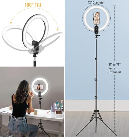 12 inch Ring Light with Stand 2800mAh Rechargeable, LED Circle Selfie Cordless Ringlight with 63" Tripod/Phone Holder/Remote for Makeup Live/Video Recording/Tiktok/YouTube/Podcasting/Vlogging
