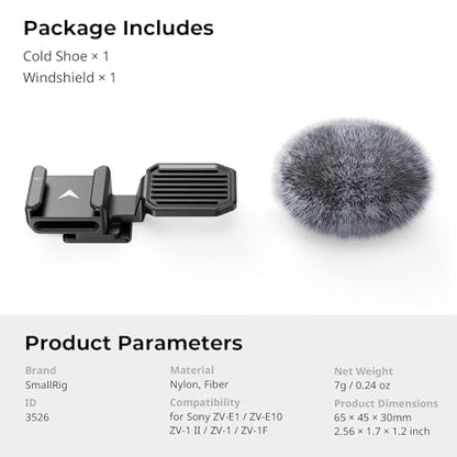 SmallRig Cold Shoe Adapter with Wind Muff Windshield for Sony ZV-1F / ZV-E10 / ZV-1 / ZV-E1 / ZV-1 II, Wind Furry for Light Microphone Attachment - 3526