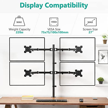 WALI Quad Monitor Desk Mount, 4 Monitor Stand Fits Heavy Duty Computer Screen up to 27 inch, Full Adjustable Arm Holds up to 22 lbs per Arm (M004), Black - size: 13"-27", style: Quad