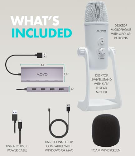 Movo USB Podcast Equipment Bundle for 4 – USB Interface with 4 UM700 Condenser Microphones – 4-Port Powered Hub for Streaming, Podcasting, Interviews (White) - style: with 4 Mics (White)