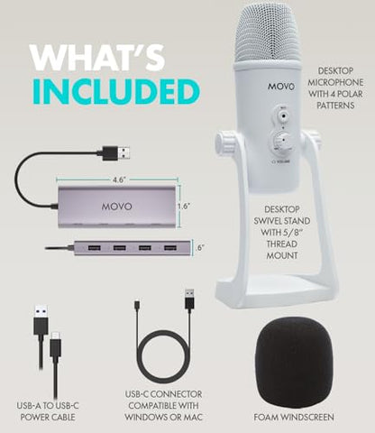 Movo USB Podcast Equipment Bundle for 4 – USB Interface with 4 UM700 Condenser Microphones – 4-Port Powered Hub for Streaming, Podcasting, Interviews (White) - style: with 4 Mics (White)