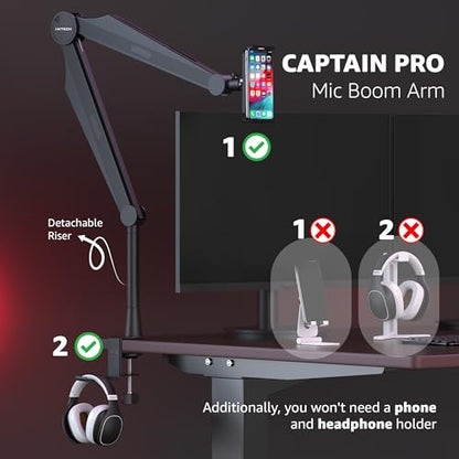 IXTECH Mic Boom Arm Microphone Arm for Blue Yeti Shure Sm7b Hyperx QuadCast Rode At2020 and Fifine Upgraded Mic Stand with Tablet and Headphone Holder for Gaming Podcasting and Streaming CAPTAIN PRO - color: 3 Pro.