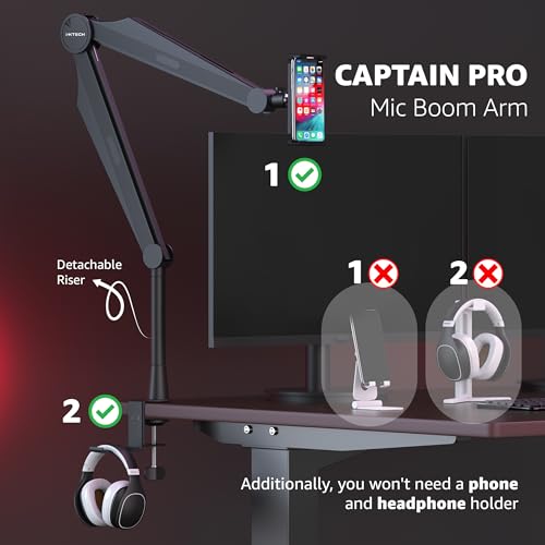 IXTECH Mic Boom Arm Microphone Arm for Blue Yeti Shure Sm7b Hyperx QuadCast Rode At2020 and Fifine Upgraded Mic Stand with Tablet and Headphone Holder for Gaming Podcasting and Streaming CAPTAIN PRO - color: 3 Pro.