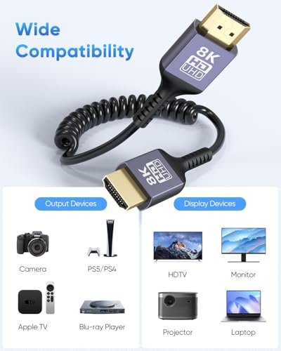 8K Coiled HDMI Cable 1FT-3.3FT, Short HDMI Cable Coiled [Aluminum Shell] Supports 8K@60Hz, 4K@240Hz, 48Gbps, eARC, Dynamic HDR Compatible with Camera/Camcorder/Field Monitor/Laptop/HDTV/PS5