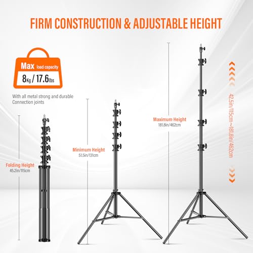 Heavy Duty Light Stand 15.75ft/480cm Adjustable 17.6lb/8kg Max Loading Photography Air Pressure Buffer Tripod Stand with 1/4” to 3/8” Screw Adapter for Strobe,LED Video Light, Monolight, Softbox