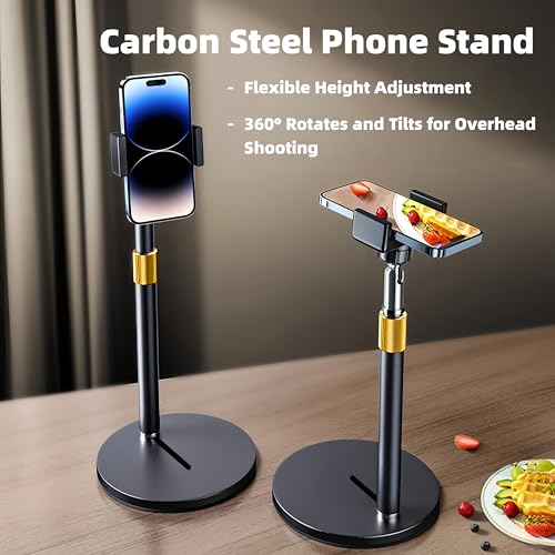 Phone Stand for Desk, Adjustable Height 9.8"-20", Full Metal Weighted Base, Small Tripod for iPhone Android with Case, Compatible with 4-7" Phones for Recording Video Call, Desk Phone Holder