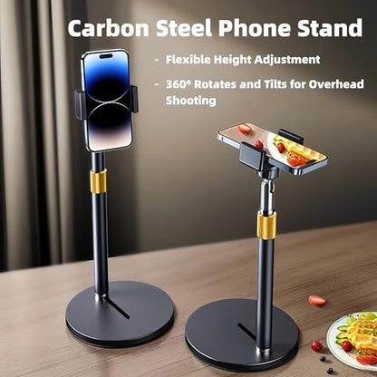 Phone Stand for Desk, Adjustable Height 9.8"-20", Full Metal Weighted Base, Small Tripod for iPhone Android with Case, Compatible with 4-7" Phones for Recording Video Call, Desk Phone Holder