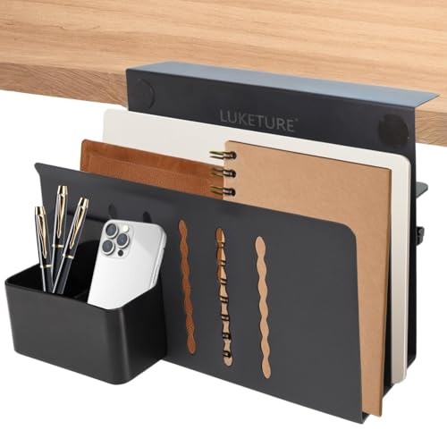 LUKETURE 2 Tier Desk Side Storage, No Drill Laptop Mount with Pen Holder | Fits Flat Edge Desks 0.3 to 2.8 Inches,Secure Grip on Wood, Glass, or Metal Surfaces Without Slipping - color: Black, size: L(2 Tier)