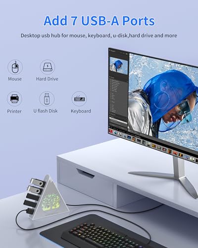7-Port USB 3.0 Hub, Silver Vertical USB Expander with Tree-Themed RGB Lighting, 5Gbps Transfer Speed, 2FT Extension Cable, for MacBook, Laptop, Desktop, Xbox, Flash Drive, Printer - color: 4-Tree Silver