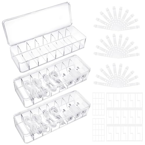 ProSuites Cable Organizer Box with Lid, 3 Pcs Clear Cord Storage Organizer with 30 Cable Ties 62 Cable Labels, Charger Organizer for Office Desk Drawer Organizers and Accessories - color: Transparent