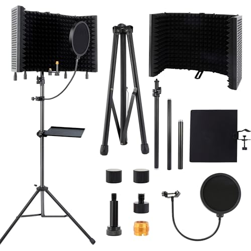 5-Sided Isolation Shield Microphone Stand, Studio-Grade Soundproof Booth with Pop Filter & High-Density Foam, Adjustable Tripod for Home music studio, Podcasting Mic Stand with Pop Filter