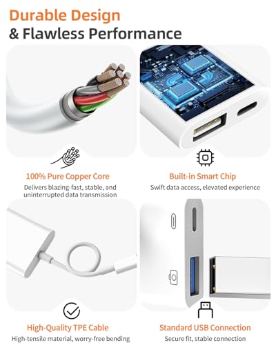 [Apple MFi Certified] Lightning to USB Camera Adapter with Charging Port for iPhone, USB3 Female OTG Adapter Compatible with iPhone/iPad Card, Readers, USB Flash Drives, Keyboards, Mice