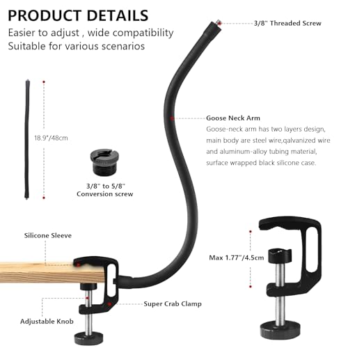 18.9" Gooseneck Microphone Stand, Flexible Adjustable Mic Arm with Super Clamp and Mic Clip, 3/8" to 5/8" Adapter, Microphone Mount Compatible with Shure/Fifine/AT2020/Pyle/Blue Snowball/Razer