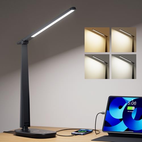 Honeywell LED Desk Lamp for Home Office, Eye-Caring Dimmable Reading Light with 4 Color Modes, Touch Control, USB-A & USB-C Charging Ports, Adjustable Head, Timer for Bedroom & Small Desks - color: Black