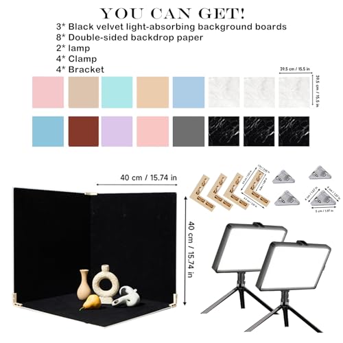 14PCS Absobent Black Flocked Photography Backdrop Boards with LED Lighting Studio Kit 16x16 inch Anti-Glare Photo Background Backdrop Shooting Tent for Product Food Jewelry Cosmetics Makeup