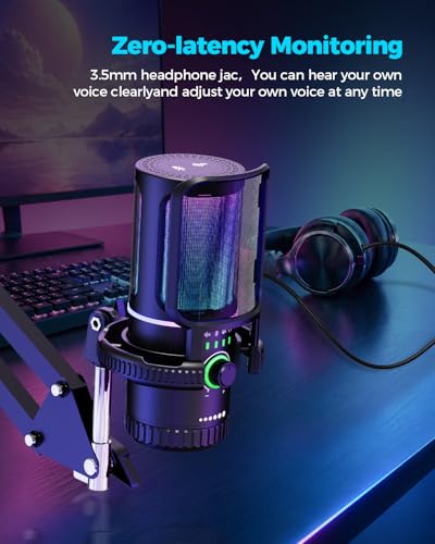 SINWE Gaming Microphone with Adjustable Boom Arm- USB PC Mic for Streaming, Gaming, Podcasts, PC, PS4 -Includes Pop Filter, Shock Mount, Quick Mute & RGB Lighting,Noise Cancelation & Gain Control