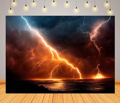 5x3ft Ocean Rainstorm Lightning Backdrop Lightning Storm Backdrop Dark Cloudy Sky Thunderstorm Background Party Decoration Photo Booth Studio Prop - size: 5x3FT