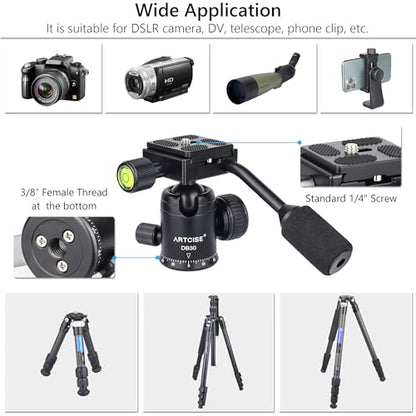 Ball Head with Handle ARTCISE Camera Tripod Ball Head with Two Quick Release Plates and Phone Clip for Monopod, 360 Degree Panoramic Head for Tripod, Monopod, Slider, DSLR Camera，Max Load 22lb/10kg