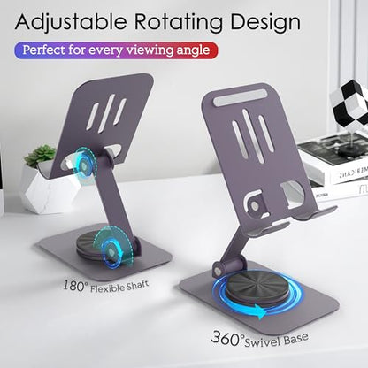 Metal Cell Phone Stand for Desk, Multi-Angel Adjustable 360° Rotation Non-Slip and Foldable Mobile Phone Stand, Compatible with iPhone 17 16 Pro Max and All Smartphones, Purple - color: Purple