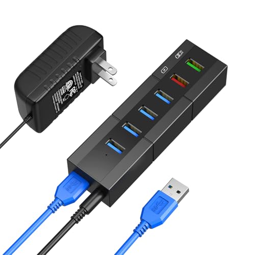 Powered USB 3.0 Hub, RAOYI 6 Ports High Speed USB 3.0 Hub Splitter with 24W Power Adapter, 3.3ft Cable and Smart Fast Charger USB Hub for Laptop, PC, Mac, Mobile HDD, Mulitple Devices (Black) - size: Black, style: 6-Port 24W Rectangle