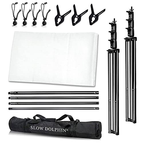 SLOW DOLPHIN Photo Video Studio 10 x12ft 100% Cotton White Muslin Backdrop with 10 x 10ft Stand Photography Background Support System Kit Clamp, Clips,Carry Bag