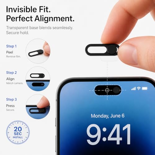 2 Pack Front Camera Privacy Cover Slider for iPhone 17/16/15/14 Pro Max/Pro, Face ID Compatible Webcam Blocker, Adhesive Anti-Spy Phone Lens Protector with Transparent Base, Black