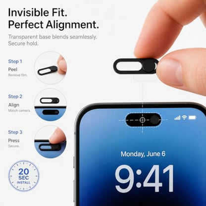 2 Pack Front Camera Privacy Cover Slider for iPhone 17/16/15/14 Pro Max/Pro, Face ID Compatible Webcam Blocker, Adhesive Anti-Spy Phone Lens Protector with Transparent Base, Black
