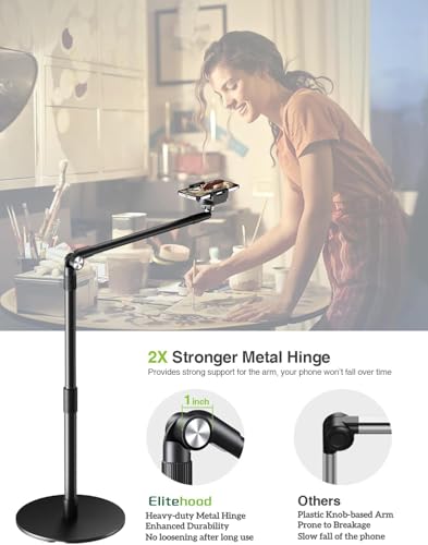 elitehood Heavy Duty Aluminum Overhead Phone Stand, 15 in Long Arm iPhone Holder for Video Recording, 360 Degrees Swivel Tilt Overhead Phone Mount for Filming, Meeting, Cooking, Painting and Crafting - style: Desk Stand