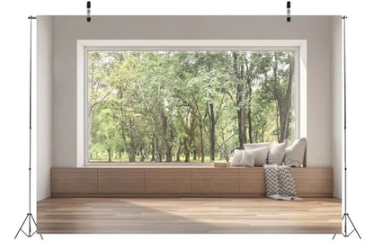 BELECO 8x8ft Fabric Modern Living Room Backdrop House Interior Window Scenery Green Forest Trees Nature Background Wallpaper Home Office Zoom Meeting Video Conference Backdrop Photo Studio Props - size: 8x8FT