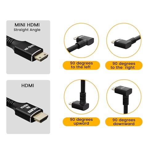 Right Angle 8K Mini HDMI to HDMI Cable 4FT, Bidirectional, Braided, 8K@60Hz, 4K@120Hz, Compatible with Camera, Camcorder, Portable Monitor, Laptop, Tablet, Graphics Card, Raspberry Pi Zero-Bend Right - size: 4FT, style: Right Angle