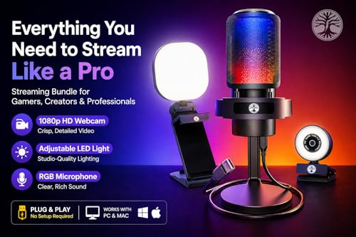 Webcam Streaming Kit with USB RGB Microphone & LED Light – 1080P 30FPS Streaming Camera Bundle for Twitch, YouTube, Podcasting, WFH – PC & Mac Compatible (Not for PS5 Alone)