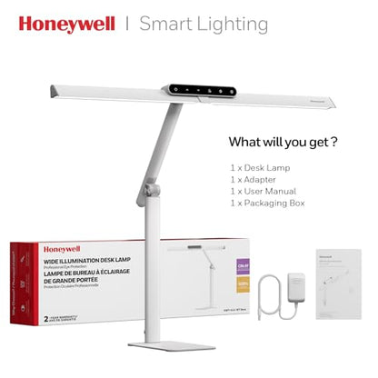 Honeywell LED Desk Lamp with Base - HJ1WT Sunturalux Eye-Caring Architect Desk Lamp for Home Office, 1200LM Computer Desk Light 4 Color Modes Stepless Dimming Task Desk Light with Timer Function White - style: White Base