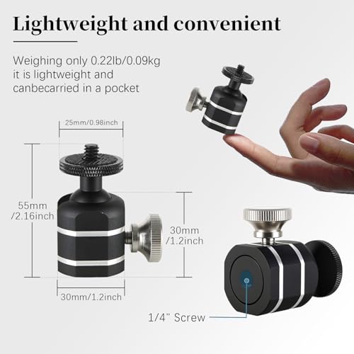 Universal Mini Ball Head Tripod Camera Screw Mount, Connect Holders and Devices, 1/4"-20 Thread, 360 Rotatable, 90 Tiltable, Loads to 10lbs, Silver, 1pcs