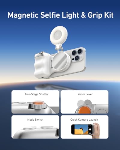 TELESIN Creator Kit - Fun Shot Magnetic Phone Camera Grip + C03 Magnetic Selfie Light (White)Bundle Kit Compatible with iPhone Magsafe & Android Selfies/Photography/TikTok/Zoom Calls/Video Conference - color: White Grip+C03 Light