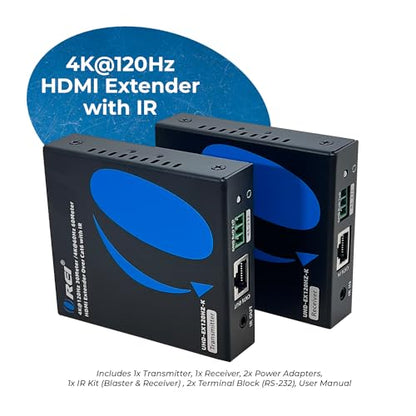 OREI 4K @ 120hz HDMI Over Ethernet Extender Balun - UltraHD 4:4:4 Over Single CAT6/7 Cable with HDR, & IR Control, RS-232 - Up to 100 Ft with CAT6/7 Audio L/R Out (UHD-EX120HZ-K)
