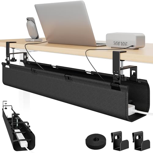 PEGZONE No Drill Under Desk Cable Management Tray, 31.5" Cord Management Under Desk for Table, Clamp Mount Desk Cable Management, Premium Fabric Wire Management Tray for Office, Home - color: Black, size: 31.5"L × 6.1"W