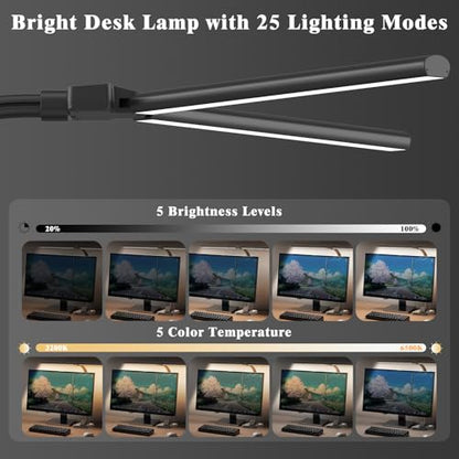 GAEFURY LED Desk Lamp for Home Office, 24W Bright Desk Lamp with Phone Holder Base - 25 Lighting Modes Eye-Caring Desk Light Adjustable Gooseneck Lamp for Workbench Drafting Reading Study - color: Black