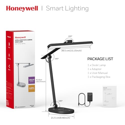 Honeywell Desk Lamp for Home Office, H4 Sunturalux™ Eye-Caring LED Desk Light, 700LM Dimmable Desk Lamp with Timer, Adjustable Desk Reading Light, Touch Auto Dimming Table Lamp for Study, Bedroom - color: Black