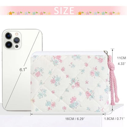 Cotton Quilted Floral Coin Purse Digital Camera Pouch with Cute Prints Zipper for Women Girls (BLUE PINK) - color: BLUE PINK