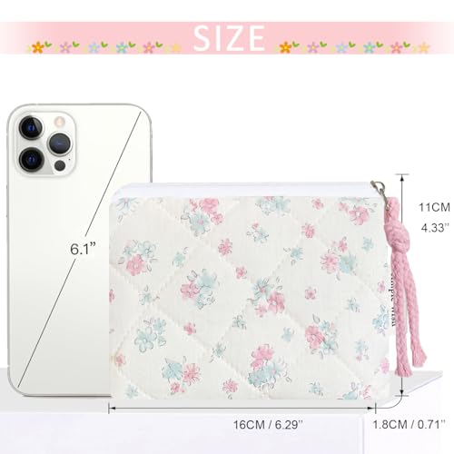 Cotton Quilted Floral Coin Purse Digital Camera Pouch with Cute Prints Zipper for Women Girls (BLUE PINK) - color: BLUE PINK