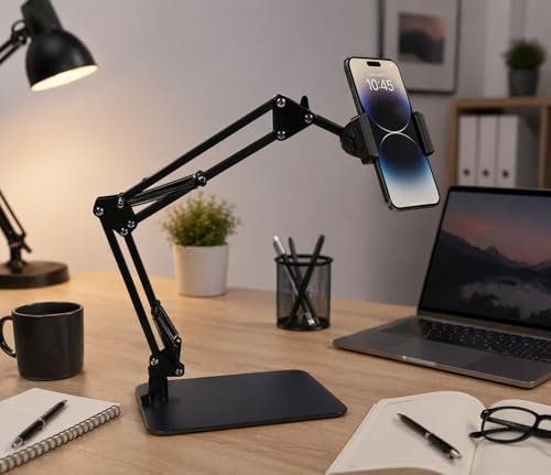 Hivexagon Magnetic Overhead Phone Stand - Articulating Arm Stand with Base, 360 ° Multi Angle Adjustable, Equipped with Phone Specific Clip