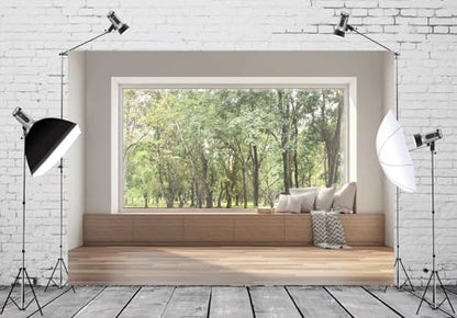 BELECO 5x5ft Fabric Modern Living Room Backdrop House Interior Window Scenery Green Forest Trees Nature Background Wallpaper Home Office Zoom Meeting Video Conference Backdrop Photo Studio Props - size: 5x5FT
