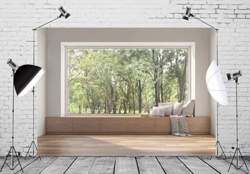 BELECO 15x10ft Fabric Modern Living Room Backdrop House Interior Window Scenery Green Forest Trees Nature Background Wallpaper Home Office Zoom Meeting Video Conference Backdrop Photo Studio Props - size: 15x10FT