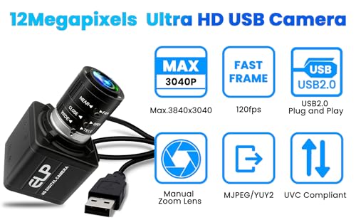 USB Camera 4K 12 Megapixels USB Webcam 1080P 120fps High Speed Golf Swing Cam with 3X Manual Optical Zoom Lens Close up PC Computer Plug and Play for Live Streaming Industrial Project Meeting