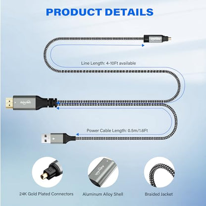 Unidirectional 192KHz HDMI ARC/eARC to Optical Toslink SPDIF Audio Extractor Splitter Converter Cable 10 Ft, USB Powered Digital Adapter for HDTV to Soundbar Home Theater Amplifier Old Speaker - size: 10FT