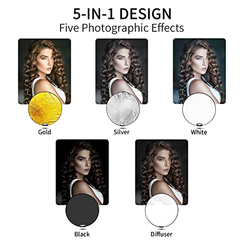 Selens 32 Inch (80cm) Reflector Photography, Collapsible Light Reflector with Carrying Case, 5 in 1 Handle Reflector for Photography Photo Studio Lighting -Translucent, Silver, Gold, White and Black - size: 32 Inch