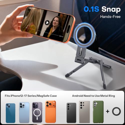 OMOTON TP03 [Ultra-Slim] for MagSafe Tripod, 360° Rotating Magnetic Phone Tripod for iPhone 17/16 Pro Max Air Women Men, Fold Cell Phone Stand with 1/4" Screw & Hook Fits Vlog, Travel Essentials, Gray - color: Gray